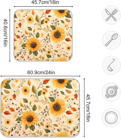 Watercolor Sunflowers Autumn Leaves Dish Drying Mat for Kitchen Counter Absorbent Microfiber Drying Pad, Medium 16x18 in