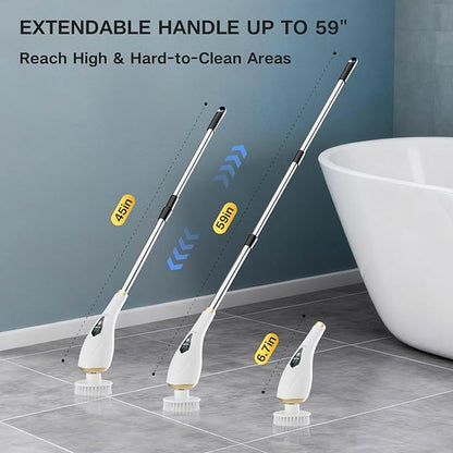 Electric Spin Scrubber Cordless Shower Cleaning Brush with 10 Replaceable Brush Heads, Extendable Handle Up to 59", 2 Speed, Waterproof, 2H Cleaning Time for Bathroom Shower Tile Glass Car