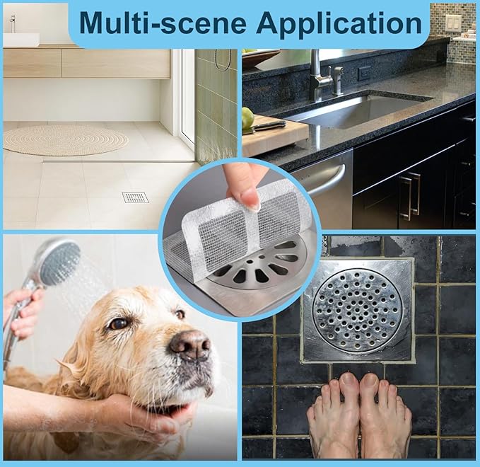 30 PC Disposable Shower Drain Hair Catcher Stickers 4"x4" Strong Adhesive Mesh Covers for Bathroom, Kitchen & Laundry Easy Apply & Remove