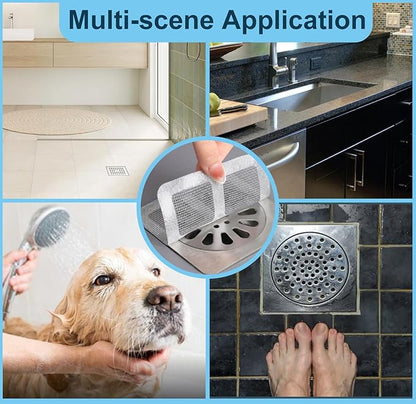 30 PC Disposable Shower Drain Hair Catcher Stickers 4"x4" Strong Adhesive Mesh Covers for Bathroom, Kitchen & Laundry Easy Apply & Remove