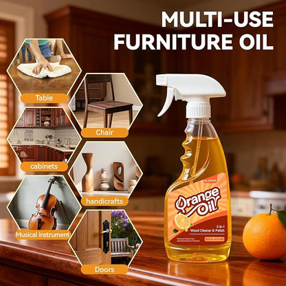 2-in-1 Wood Cleaner Furniture Polish - Natural Orange Oil Spray Protect Wood Surface Safely, Enhanced Furniture Restorer Finish Cabinets, Tables, Antique, Floor, 16oz Total