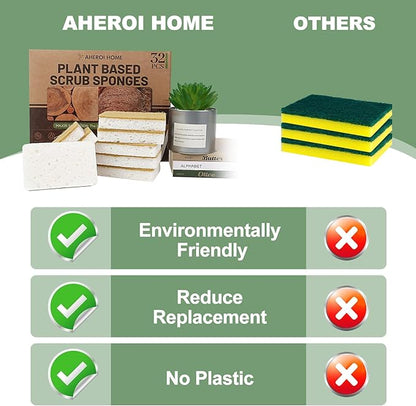 Aheroi Natural Dish Sponge, 32 Count FSC Certified Plant-Based Biodegradable Compostable Kitchen Sponges for Dishes Bulk, Organic Eco Friendly Cleaning Sponge for Bathroom, Household, Non Scratch