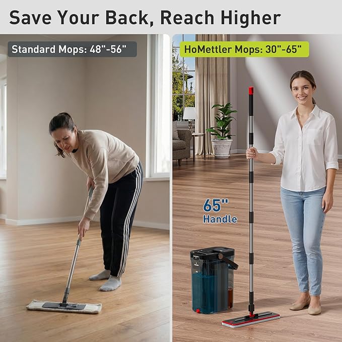 Transparent Mop and Bucket Set with Separate Dirty & Clean Water, 65" Flat Mop for Floor Cleaning, 4 Machine Washable Microfiber Pads for Wood Tile-Black
