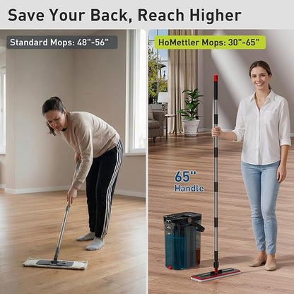 Transparent Mop and Bucket Set with Separate Dirty & Clean Water, 65" Flat Mop for Floor Cleaning, 4 Machine Washable Microfiber Pads for Wood Tile-Black