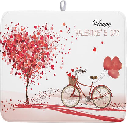 Romantic Valentine's Day Dish Drying Mat for Kitchen Valentines Bike and Tree Dish Drying Pad 18x16 Absorbent Reversible Happy Valentine Dishes Drainer Pad Holiday Dish Drying Rack Mat for Countertop