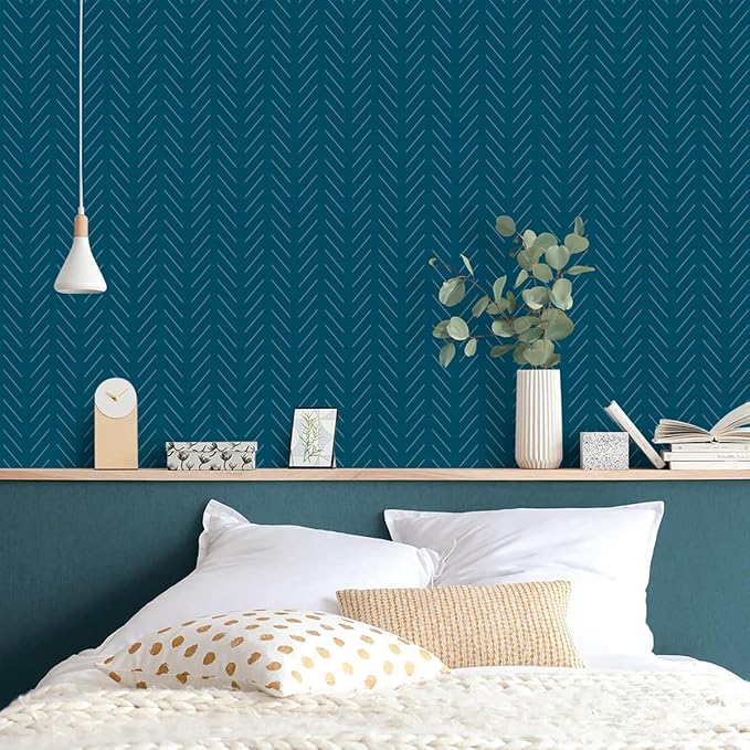 Erfoni Blue and White Peel and Stick Wallpaper Modern Herringbone Contact Paper for Bathroom 17.7inch x 393.7inch Geometric Removable Wallpaper Peel and Stick Line Self Adhesive Contact Paper
