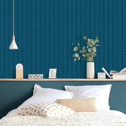 Erfoni Blue and White Peel and Stick Wallpaper Modern Herringbone Contact Paper for Bathroom 17.7in x 236.2in Geometric Removable Wallpaper Peel and Stick Line Self-Adhesive Contact Paper