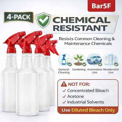 Bar5F Spray Bottles, 16 Oz, 4 Pack, Chemical-Resistant HDPE, BPA-Free, Non-Toxic, Red Trigger Sprayers, Refillable Empty Sprayer Bottle for Cleaning Solutions, Vinegar, Alcohol, Made in USA