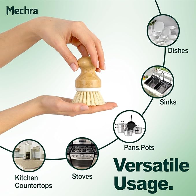 Bamboo Dish Scrub Brush with Natural Bristles by Mechra – Eco-Friendly Kitchen Cleaning Brush, Ergonomic Wooden Handle for Dishwashing, Pots, Pans & Sink Scrubbing