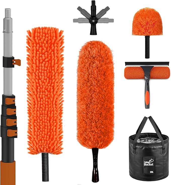 SISUPASSIE 30FT Reach High Ceiling Duster Kit, Window Cleaning kit with 5-24FT Extension Pole, Fan Duster for Ceiling Fan Blades, Microfiber Feather Duster, Window Squeegee