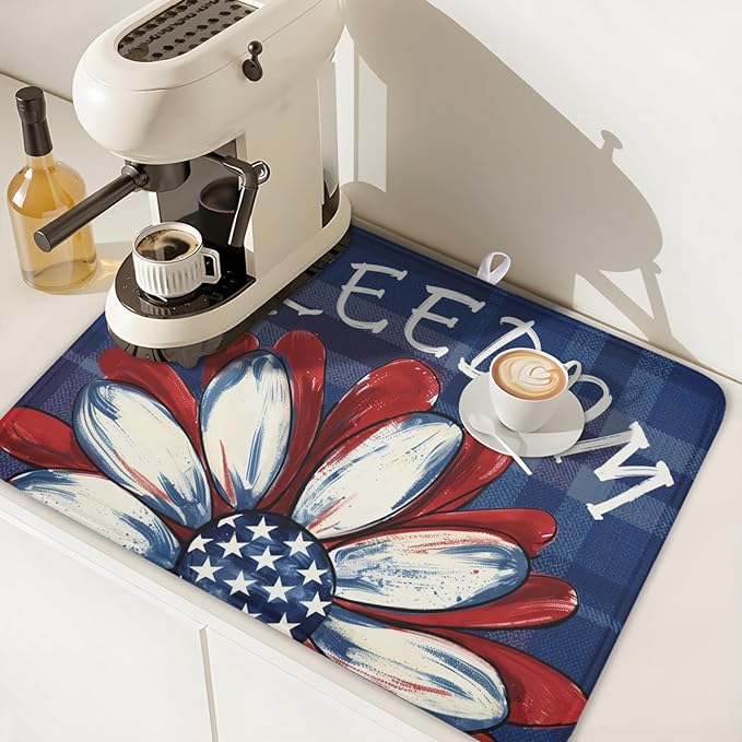 4th of July Dish Drying Mat 24x18 Inch, Patriotic Drying Mat with Absorbent Reversible Microfiber, Independence Day Dish Drainer Mats Memorial Day Rack Pad for Coffee Countertop Kitchen Protector
