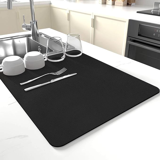 Dish Drying Mat for Kitchen Counter,Drying Mat for Dish Rack,Absorbent Hide Stain Rubber Mat,Coffee Mat, Kitchen Counter Mat (Black, 18"x24")