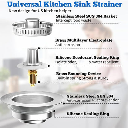 Upgraded 3 in 1 Kitchen Sink Drain Strainer Stopper, Brushed Stainless Steel SUS 304 Pop Up Sink Drain Stopper for Standard 3-1/2 Inch Drain Anti-Clogging Odor Prevention