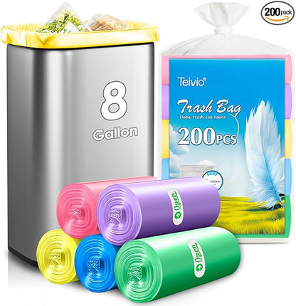 8 Gallon 200 Counts Clear Colorful Trash Bags Kitchen Garbage Bags by Teivio, fit 25-30Liter Bathroom Trash Can Bin Liners, Plastic Bags for home office kitchen，Multicolor