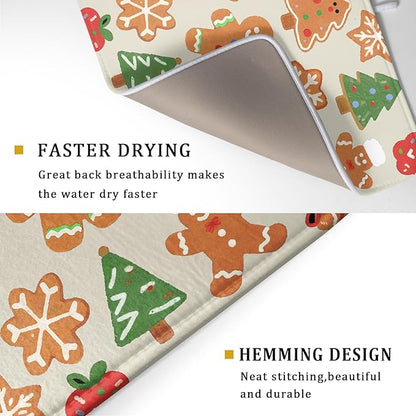 Christmas Dish Drying Mat for Kitchen Counter 18x24 Cute Gingerbread Themed Winter Xmas Holiday Absorbent Reversible Microfiber Drying Mats Kitchen Countertop Protector Dishes Drainer Rack Pad