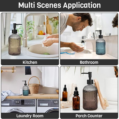 2 Pack 11oz Glass Soap Dispenser with Plastic Pump, Vertical Stripe Design Refillable Hand Soap Dispenser for Hand Wash, Bathroom and Kitchen