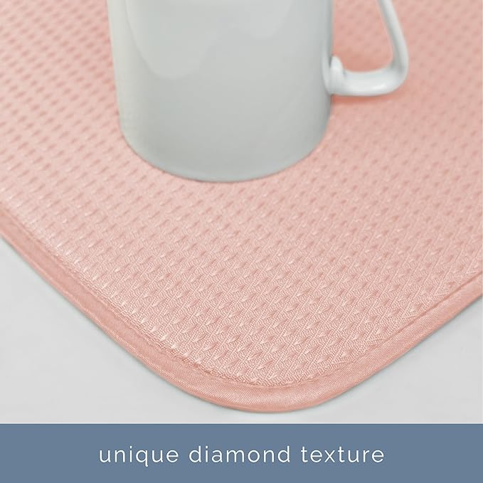 S&T INC. Dish Drying Mat, 16” x 18”, Absorbent Microfiber Kitchen Counter Mat, Drying Pad for Dishes, Utensils, Pots and Pans, Large, Diamond Texture, Pink