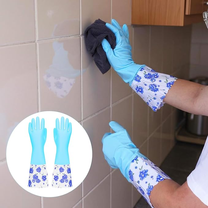 2 Pairs Rubber Cleaning Gloves Household Kitchen Dishwashing Gloves Long Cuff Glove with Cotton Flocked Liner Reusable Waterproof Non-Slip Household Glove for Bathroom Laundry Gardening Gift for Mom