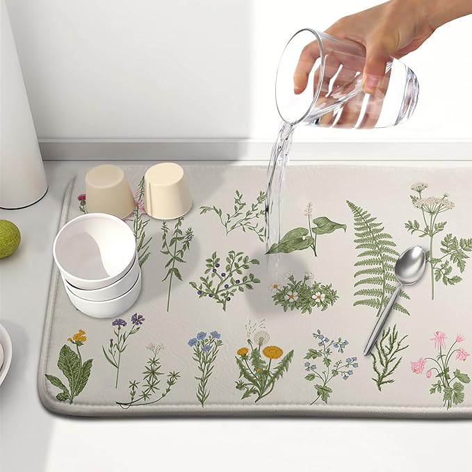 Kawani Sage Flower Herbs Dish Drying Mat For Kitchen Counter 16x18 In Green Leaves Microfiber Absorbent Dishes Pad Wild Plant Herbs Drying Pad Dish Drainer Rack Absorbent Fast Dry Kitchen Accessories