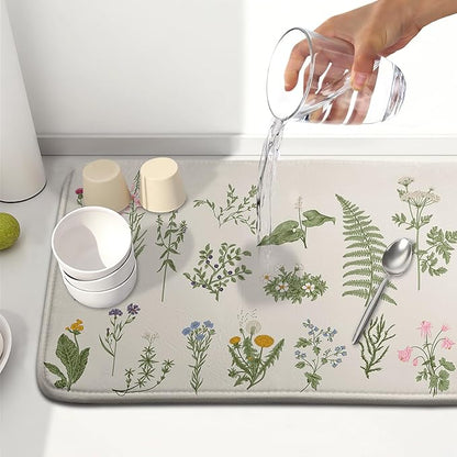 Kawani Sage Flower Herbs Dish Drying Mat For Kitchen Counter 16x18 In Green Leaves Microfiber Absorbent Dishes Pad Wild Plant Herbs Drying Pad Dish Drainer Rack Absorbent Fast Dry Kitchen Accessories