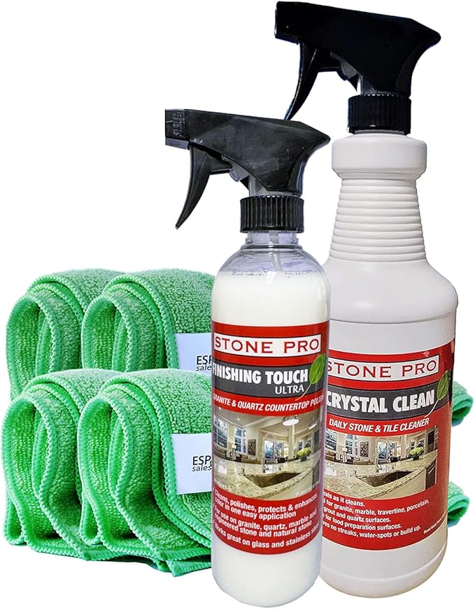Stone Pro Marble and Granite Cleaning Kit – Premium Cleaning & Polishing Solution with Crystal Clean, Finishing Touch, & Cleanning Towels