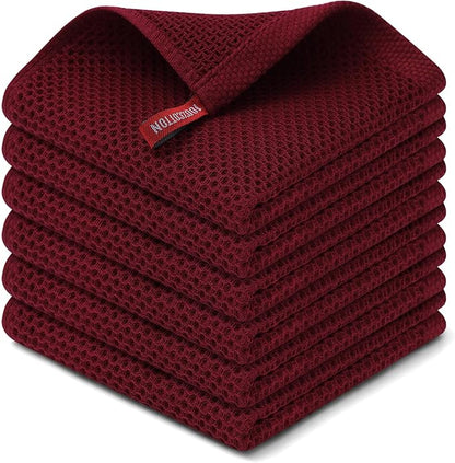 Kitinjoy 100% Cotton Kitchen Dish Cloths (12 X 12 Inches, Burgundy), 6 Pack Waffle Weave Ultra Soft Absorbent Dish Towels for Drying Dishes Quick Drying Kitchen Towels Dish Rags