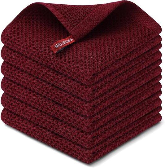 Kitinjoy 100% Cotton Kitchen Dish Cloths (12 X 12 Inches, Burgundy), 6 Pack Waffle Weave Ultra Soft Absorbent Dish Towels for Drying Dishes Quick Drying Kitchen Towels Dish Rags