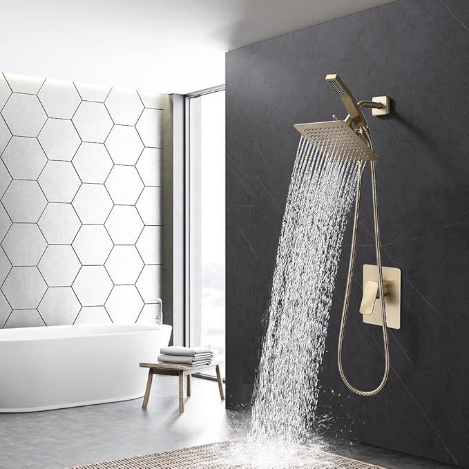 All Metal Shower Faucet Set, Dual Square Shower Head System with Handheld Wand, Diverter, Hose Complete Combo, Pressure Balance Rough-in Valve Included (Brushed Gold)