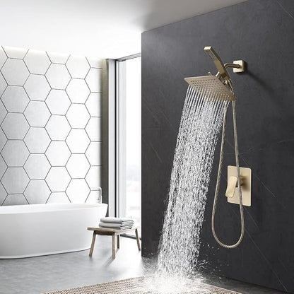All Metal Shower Faucet Set, Dual Square Shower Head System with Handheld Wand, Diverter, Hose Complete Combo, Pressure Balance Rough-in Valve Included (Brushed Gold)