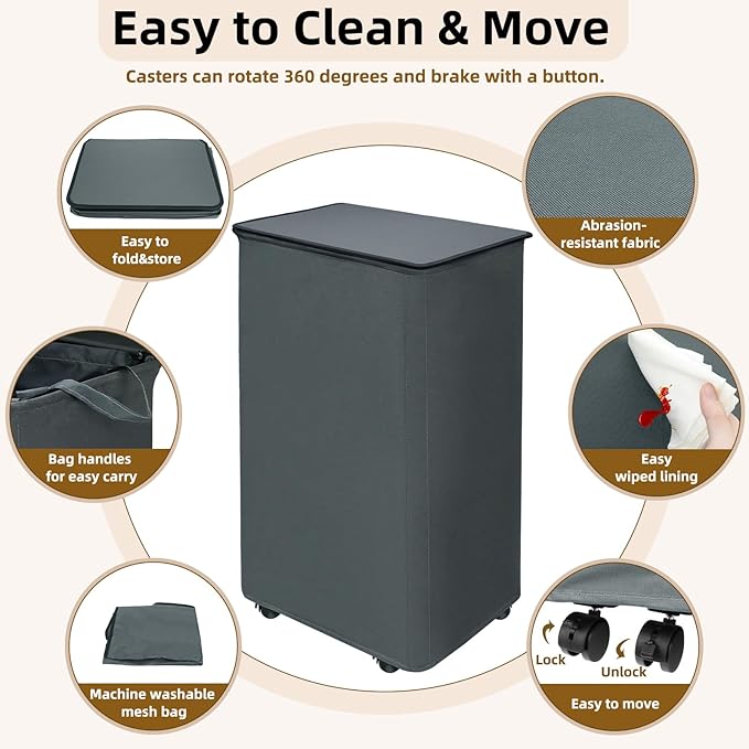 2 Pack 90L Collapsible Laundry Basket with Wheels Large Rolling Laundry Hamper with Lid and Removable Bag 4 Casters for Dirty Clothes Toy Organizer Bedroom Bathroom College Dorm Hotel, Grey