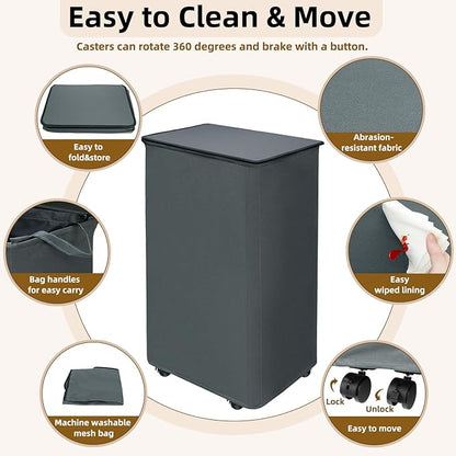 2 Pack 90L Collapsible Laundry Basket with Wheels Large Rolling Laundry Hamper with Lid and Removable Bag 4 Casters for Dirty Clothes Toy Organizer Bedroom Bathroom College Dorm Hotel, Grey
