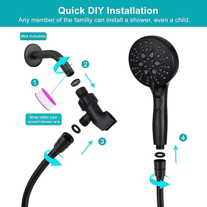 Handheld Shower Head with on off Switch&Built-in Power Spray,7-Setting High Pressure Spray Shower Wand with 79in Long Hose&Bracket and Extra Adhesive Shower Holder for Lower Mount,Black
