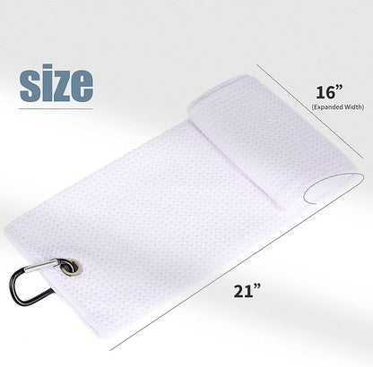 Mile High Life Tri-fold Golf Towel | 16" X 24" | Premium Microfiber Fabric | Waffle Pattern | with Heavy Duty Carabiner Clip | for Men and Women (White)