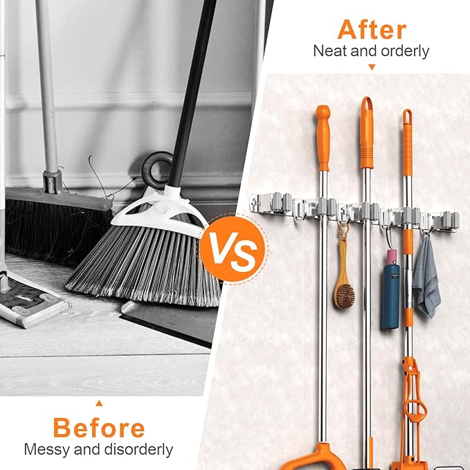 CUXIXA 2 Pack Mop and Broom Holder Wall Mount, Non-slip Broom Hanger Wall Mount, Heavy Duty Mop Broom Organizer for Kitchen Garden Garage Laundry Room Wall Decor Organization and Storage Silver 5R4H