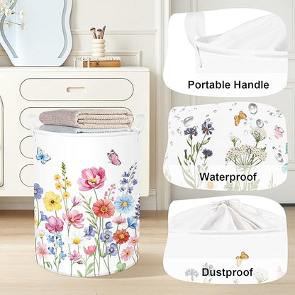 Colourful Flowers Laundry Hamper Large Storage Basket Floral Collapsible Adult Organizer Kids Clothes Toys Bins for Bedroom, Bathroom, Pinkish Purple, 63L