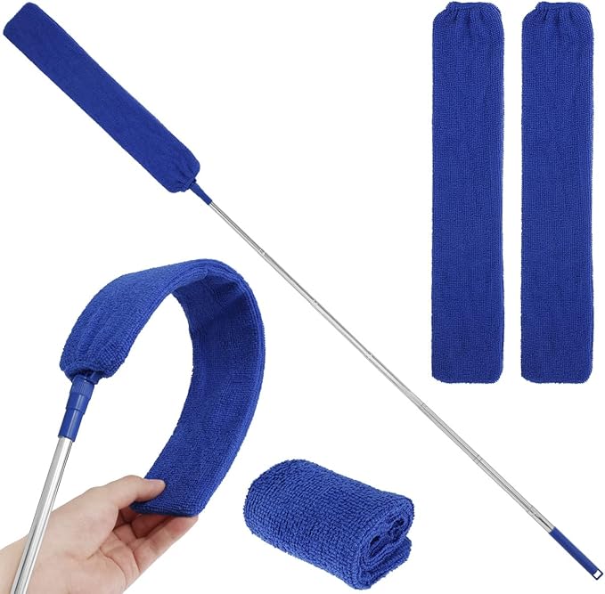 Gap Dust Cleaner Retractable Microfiber Gap Dust Brush Flexible Long Flat Gap Duster with Extendable Pole and Cloth Cover for Sofa Bed Furniture Bottom Ceiling Fan Blinds(Royal Blue)