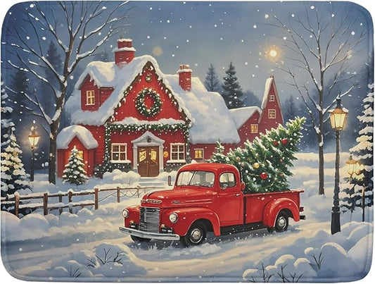 Christmas Dish Drying Mat for Kitchen Counter 18x24 Red Truck Winter Xmas Snow Scene Holiday Theme Absorbent Reversible Microfiber Drying Mats Kitchen Countertop Protector Dishes Drainer Pad