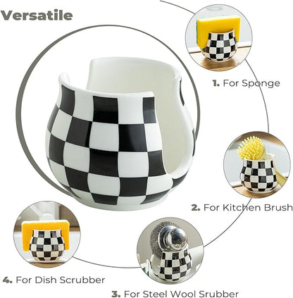 Zoeeker Checkered Sponge Holder for Kitchen Sink, Ceramic Dish Sponge Dish Rack Scrubby Holder Kitchen Organizer Cute Sink Caddy Organizer, Farmhouse Decor, Black and White