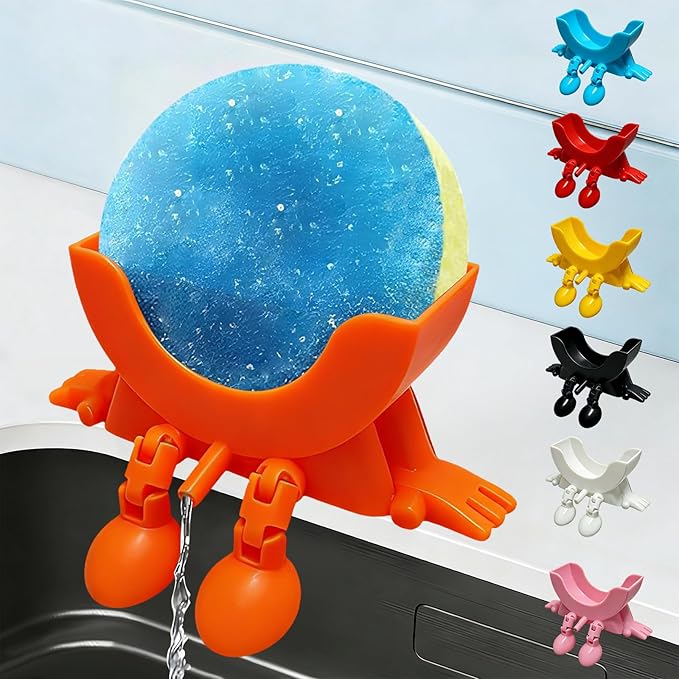 Cute Hanging Sponge Holder with Drainage,3D Printed Kitchen Funny Sponge Stand for Sink,with non-slip pads,Suitable for Scrub Daddy Holder,Keeps Your Sponge Dry Smiling (Orange)