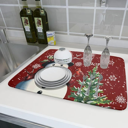 Winter Snowflake Red Dish Drying Mat for Kitchen Counter,Xmas Trees Snowman Cardinal Bird Drying Mat 18 x 24 Inch with High Absorbent Microfiber Drainer Mat for Coffee Bar