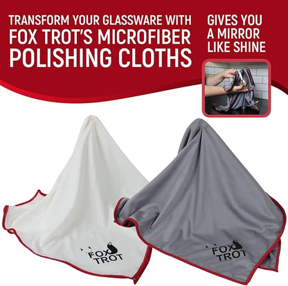 Fox Trot Large Microfiber Polishing Cloths (2 Pack White | Gray) | Streak Free, Lint Free Shine and Clarity for Wine Glasses, Stemware and More