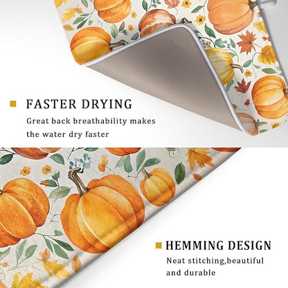 Fall Pumpkin Thanksgiving Dish Drying Mat for Kitchen Counter 18x24 Autumn Leaves Harvest Theme Absorbent Reversible Microfiber Drying Mats Kitchen Countertop Protector Dishes Drainer Pad