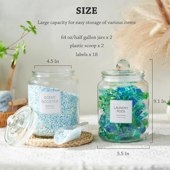 FyndraX Half Gallon Glass Jars - Large Airtight Containers with Scoop and Labels for Organization and Storage Laundry, Bath Room, Kitchen and Pantry Holder, Set of 4