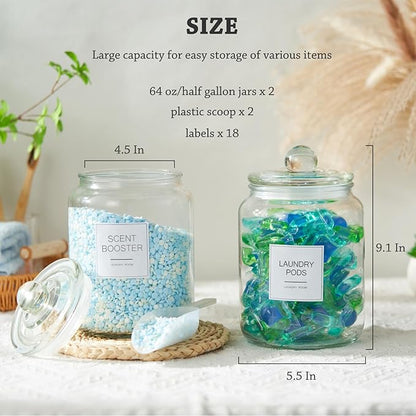 FyndraX Laundry Pods Glass Jars - Half Gallon Airtight Containers with Scoop and Labels for Organization and Storage Laundry Room Detergents Powder, Scent Booster Beads Holder, Set of 2