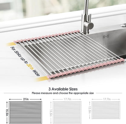 Tomorotec 21" x 15.5" Roll Up Dish Drying Rack Over Sink Drying Rack Sink Cover Kitchen Sink Accessories Gadget Multipurpose Organizer Foldable Stainless Steel Drainer