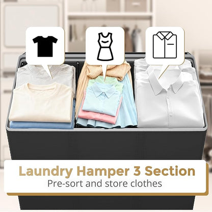 180L Laundry Hamper 3 Section, Large Laundry Hamper with Lid, Dirty Clothes Hampers with Handles, Laundry Basket Organizer for Laundry, Bedroom, Bathroom, Laundry Sorter Baskets, Black