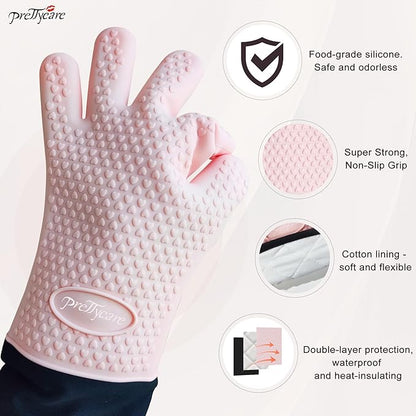 PrettyCare 14 in Silicone Oven Mitts for Women, Heat Resistant Waterproof Oven Gloves with Fingers, Cotton Lined Silicone Oven Gloves for Baking Cooking BBQ,Kitchen Essentials Gift for Women (Pink)