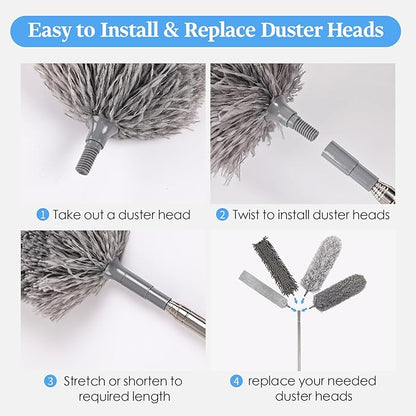 Microfiber Feather Duster Kit with Extension Pole, 7 PCS Washable Reusable Duster for Cleaning, 100'' Bendable Extendable Long Duster with Stainless Steel Pole for High Ceilings, Fans, Furniture & Car