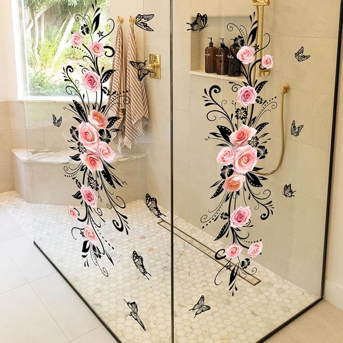 3D Wall Stickers DIY Flower Wall Decal Removable Waterproof Wall Art Decor for Bedroom Living Room Offices Home Decoration (Black Pink Rose)