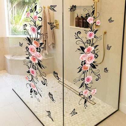 3D Wall Stickers DIY Flower Wall Decal Removable Waterproof Wall Art Decor for Bedroom Living Room Offices Home Decoration (Black Pink Rose)